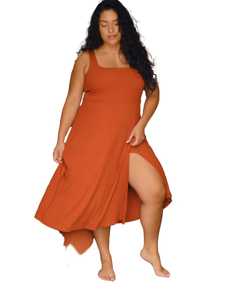 Front of a model wearing a size 2X Frankie Dress in Rust by Whimsy and Row. | dia_product_style_image_id:282530